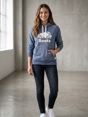Roots Women's Heather Blue Logo Hoodie with Drawstring